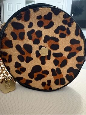 Eric Javits Leopard Print Round Wristlet with Gold Accents